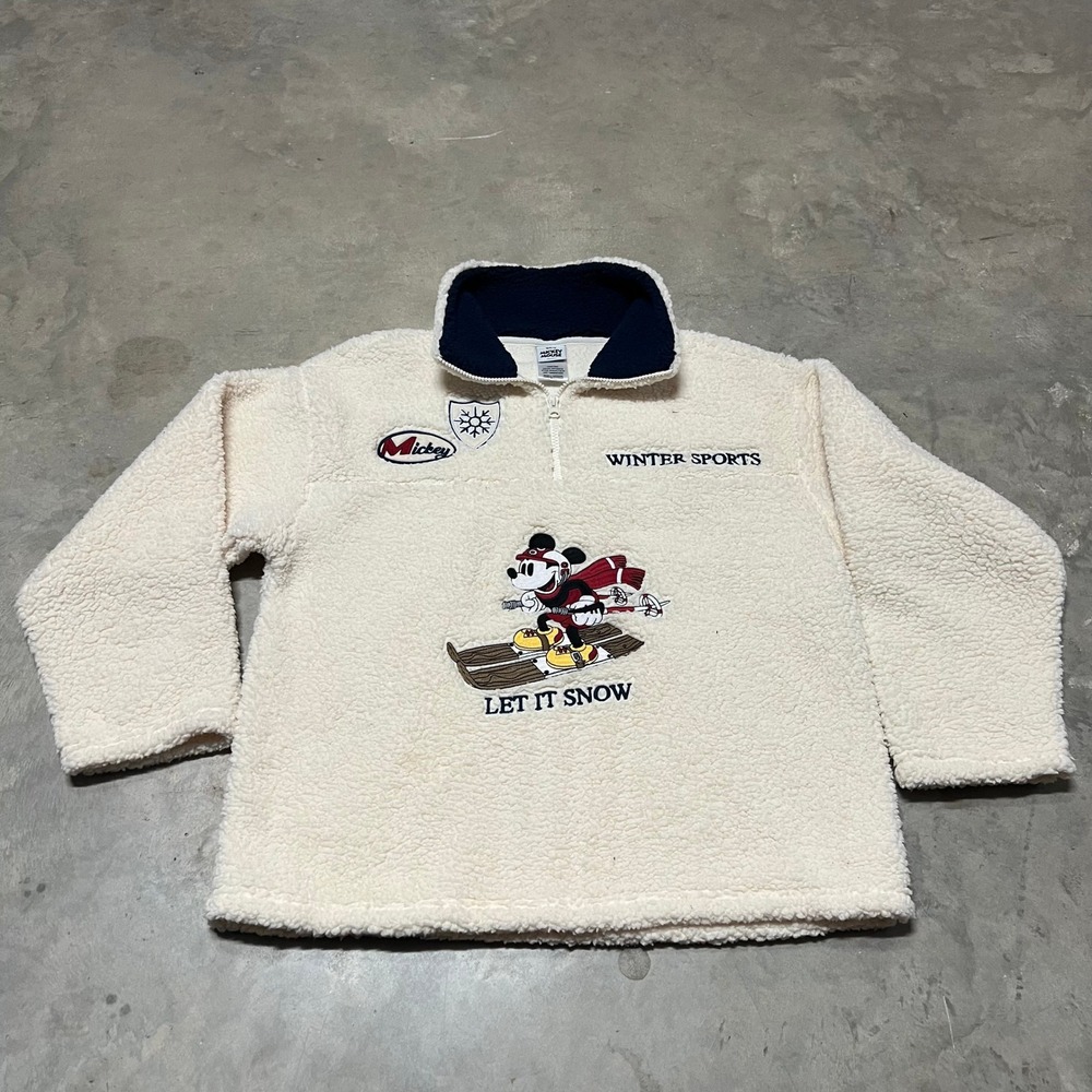Disney Mickey Mouse Winter Sports Sherpa Fleece Quarter Zip Pullover Off White L